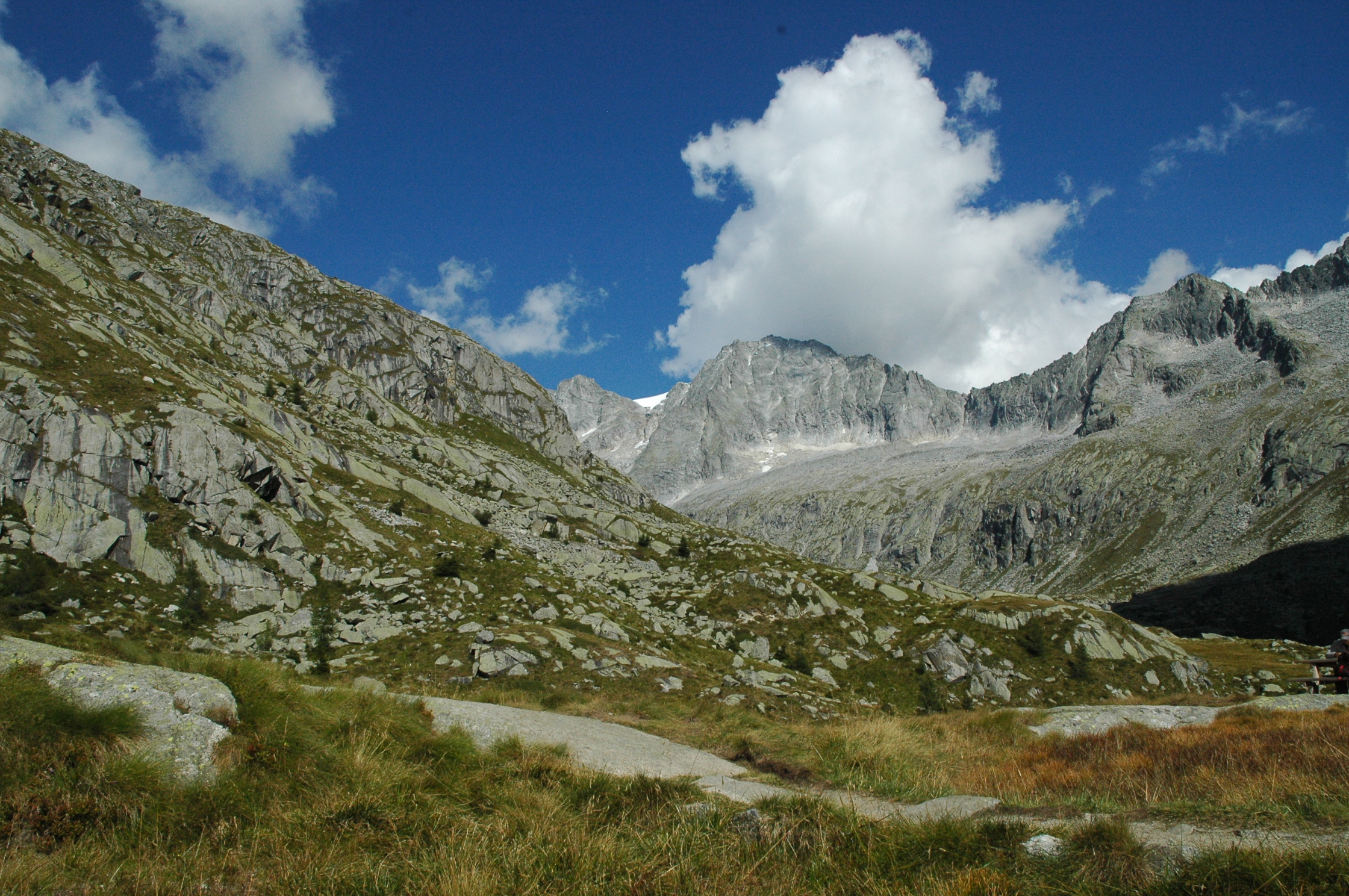 Vista montagne rocciose, ma verdi con un cielo sereno e poche nuvole sparse