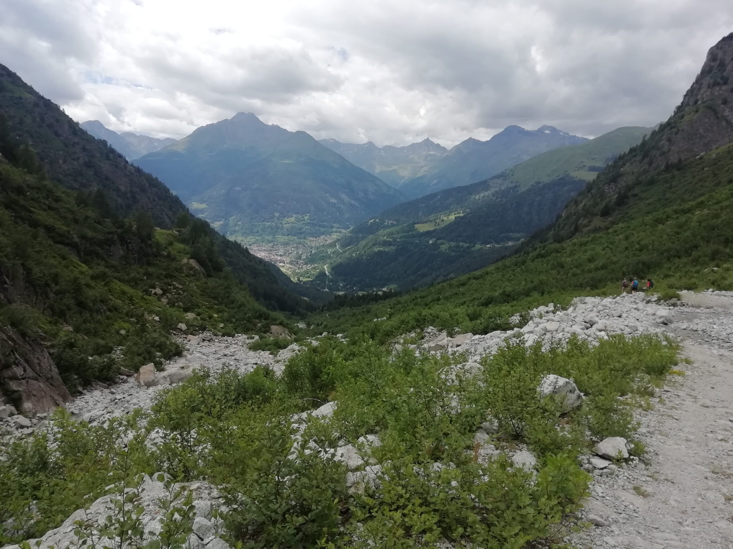 Vista da un sentiero roccioso con delle piante ed una distesa di montagne, con un cielo scuro